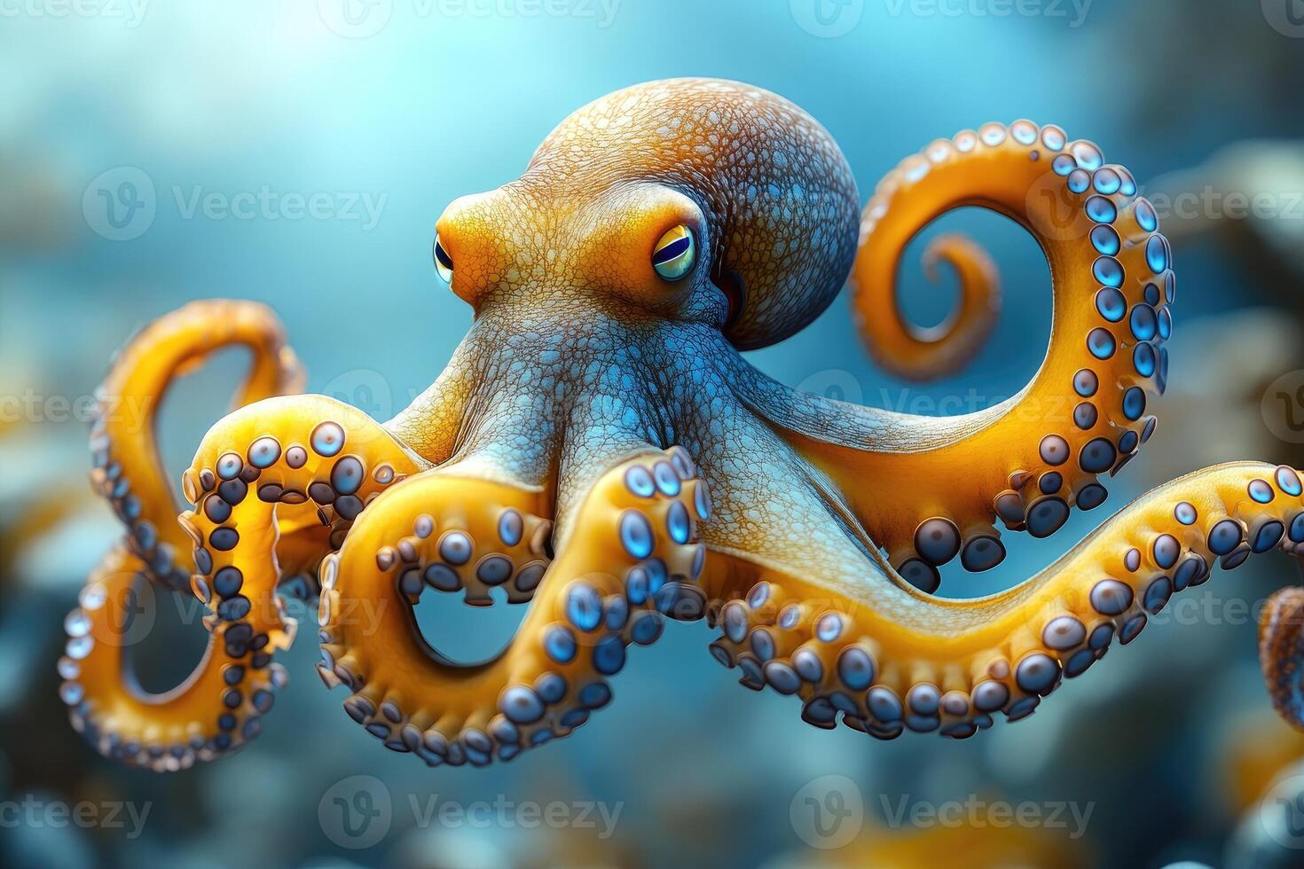 A vibrant orange and blue octopus swims underwater photo