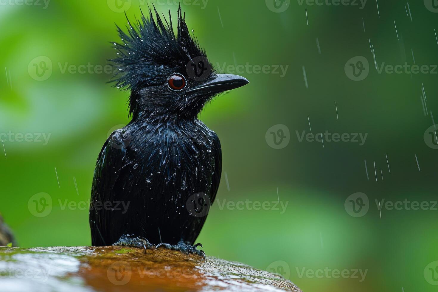 A Wet Black Bird With Spiked Feathers In The Rain photo