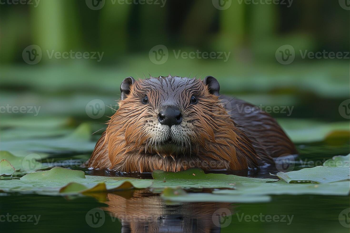 A Wet Beaver Posing Among Lily Pads photo