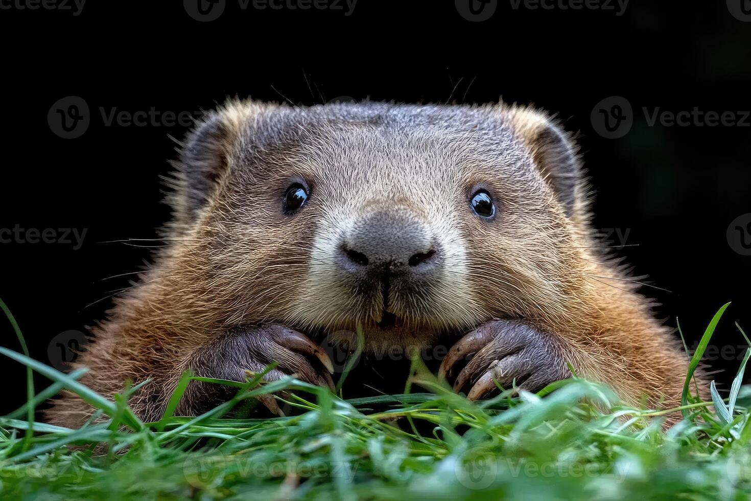 A young woodchuck sits in the grass photo
