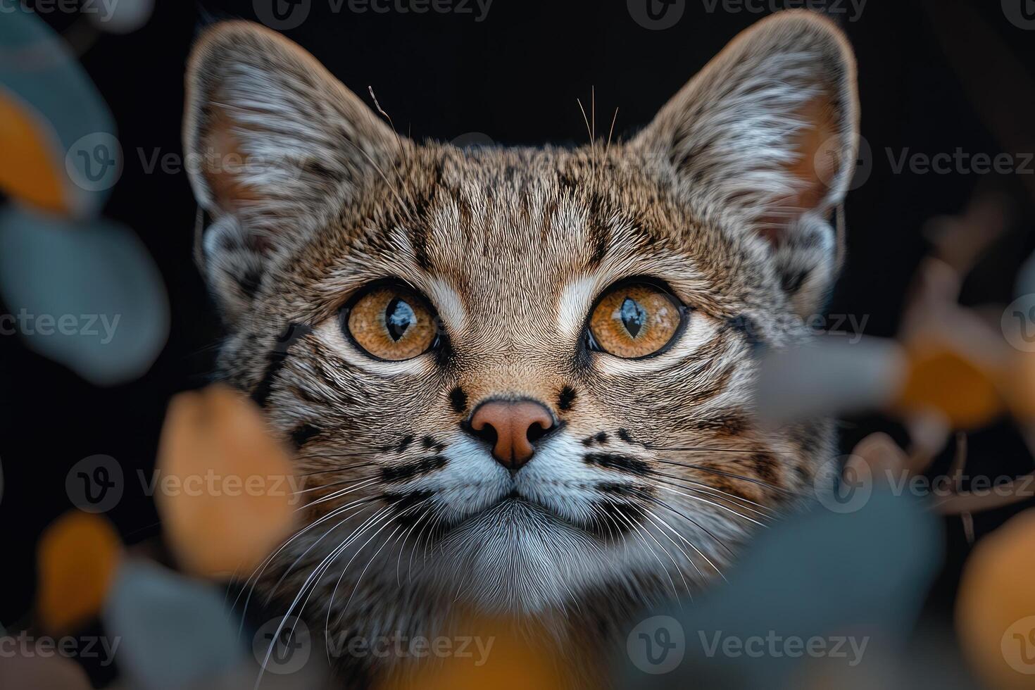 Black footed cat portrait among autumn leaves photo
