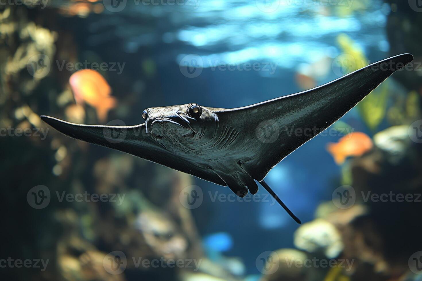 Black ray gracefully glides through aquarium water photo