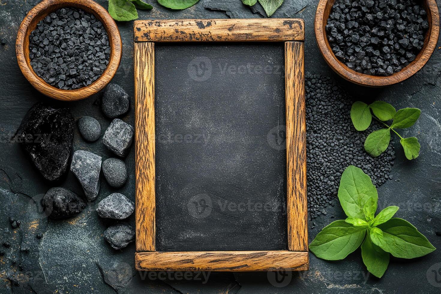 Black salt stones herbs and a wooden framed chalkboard photo