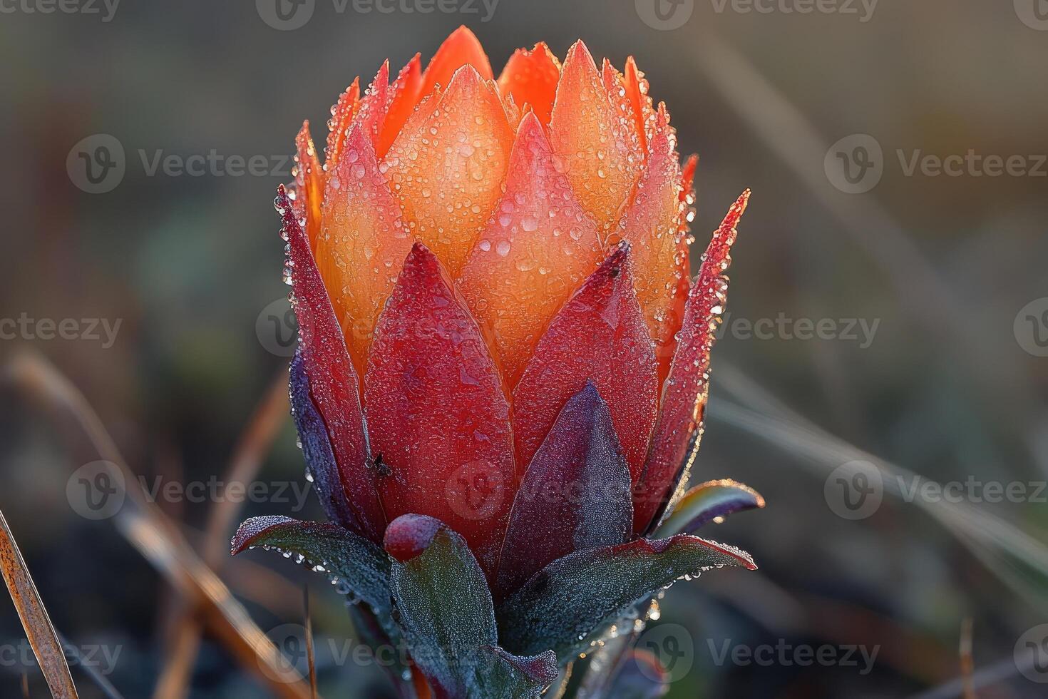 Dew Covered Red Flower Bud In Morning Light photo