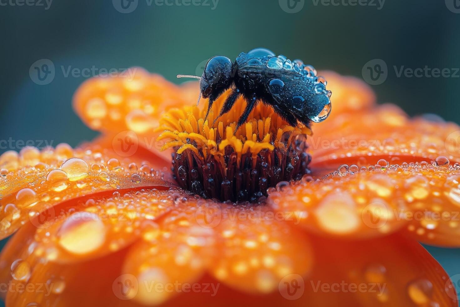 Dewdrop Covered Bee on Orange Flower photo