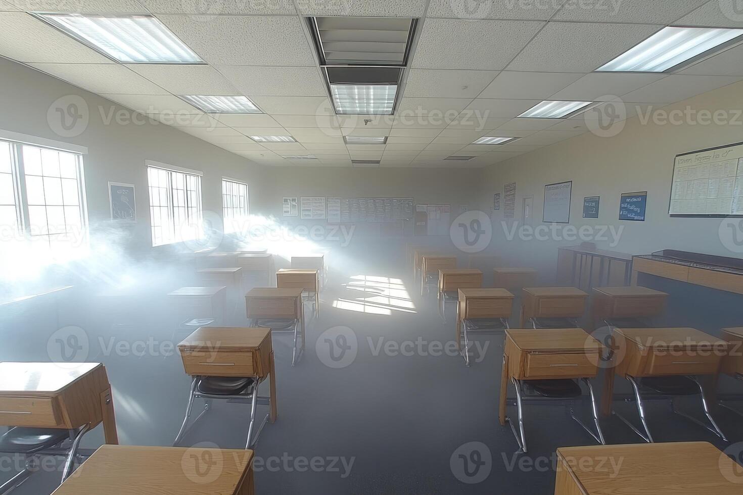 Empty Classroom Filled With Fog And Sunlight photo