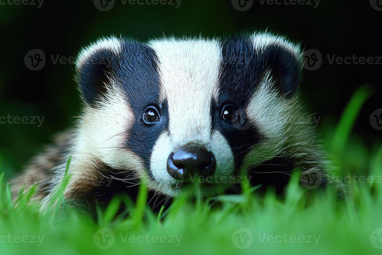 European Badger Cub Hiding In Grass photo
