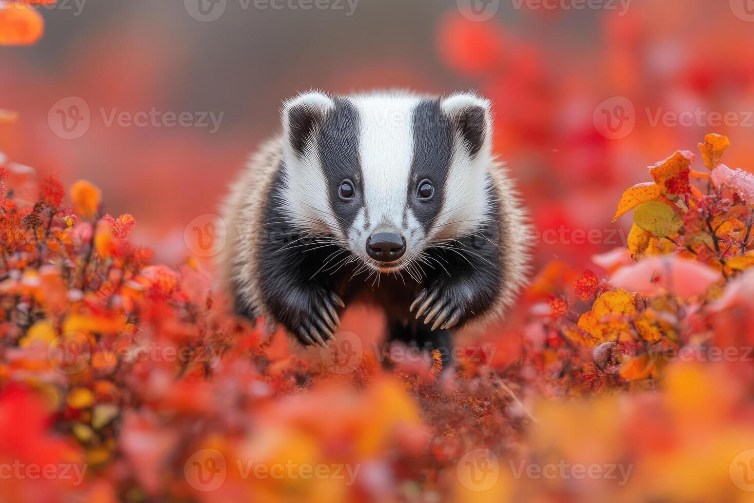 European Badger Cub Amidst Autumn Foliage photo