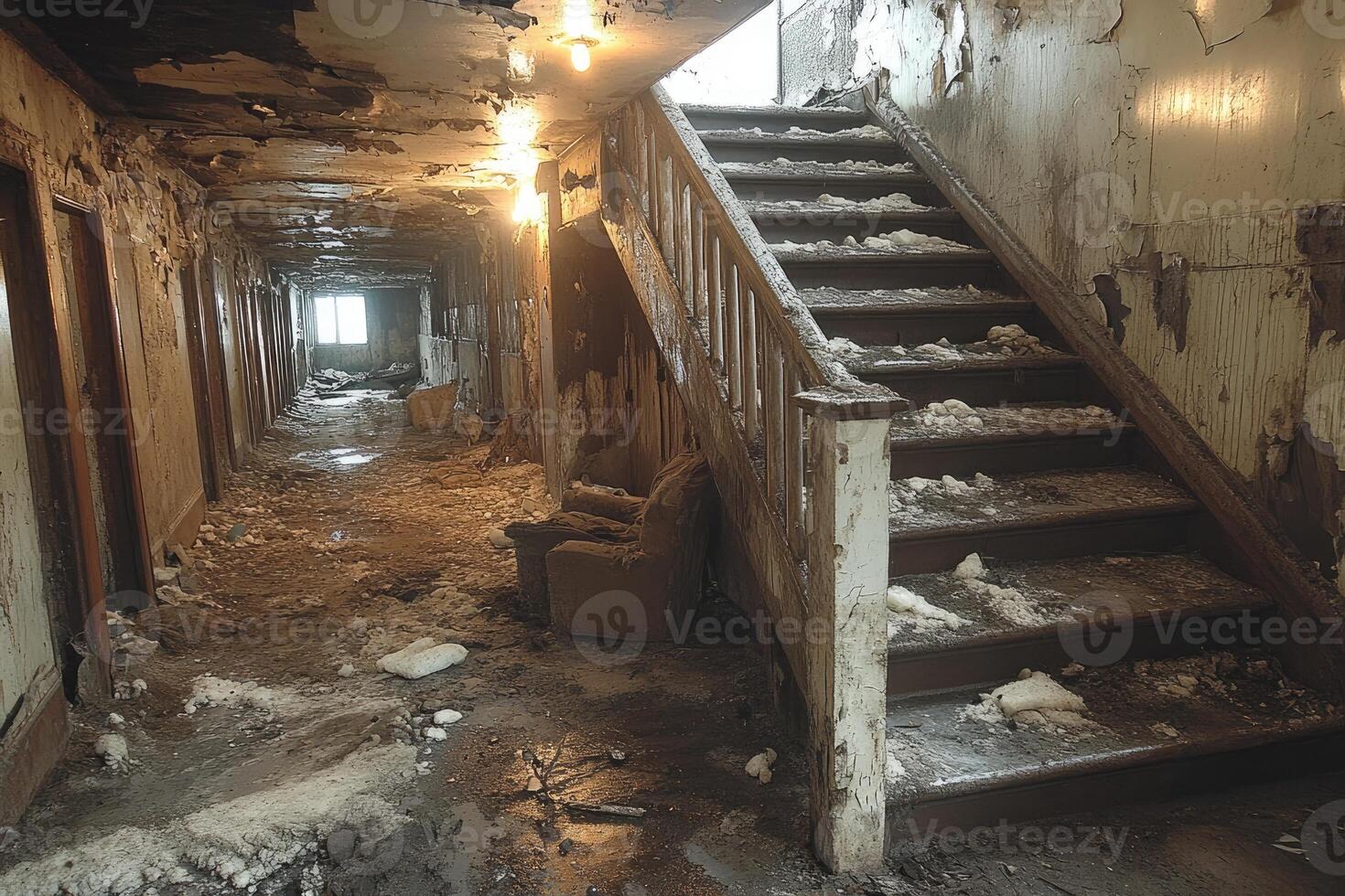 Fire Damaged Building Interior Staircase Hallway photo