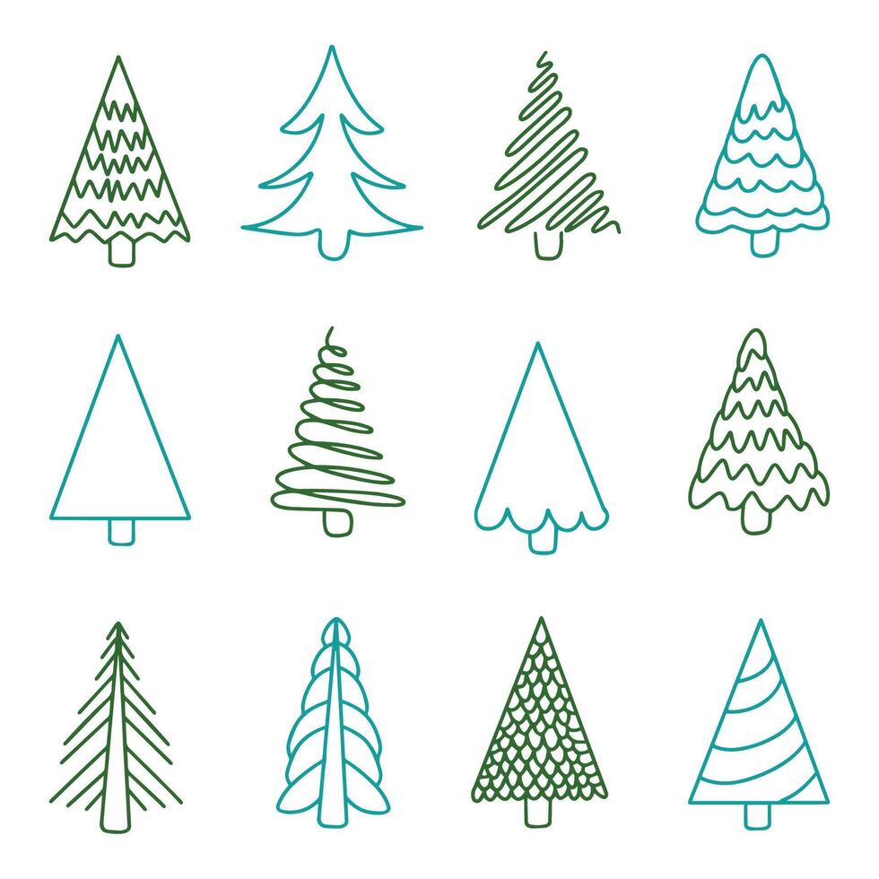 Set of hand drawn abstract linear Christmas trees. Green and blue decorative Christmas trees vector