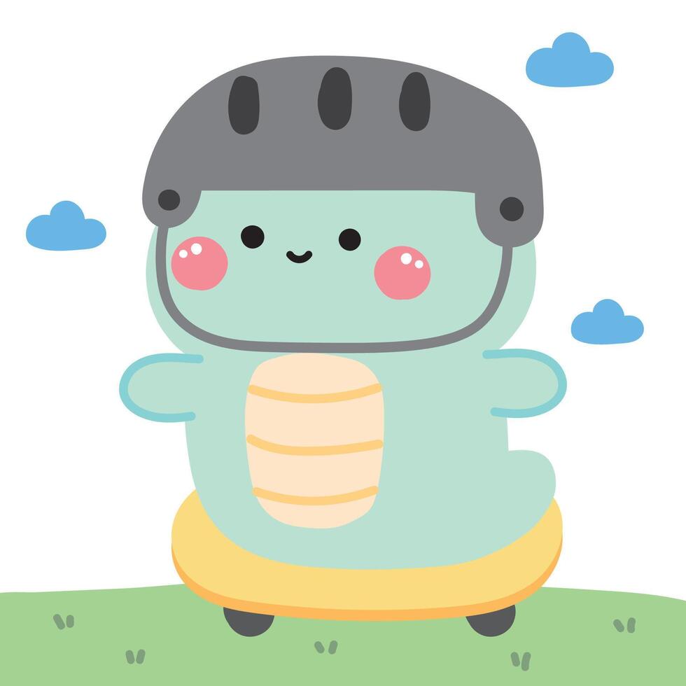 Cute snake play skateboard on grass sky cloud background.Chinese zodiac 2025.Reptile animal caracter cartoon design.Kawaii.Illustration. vector