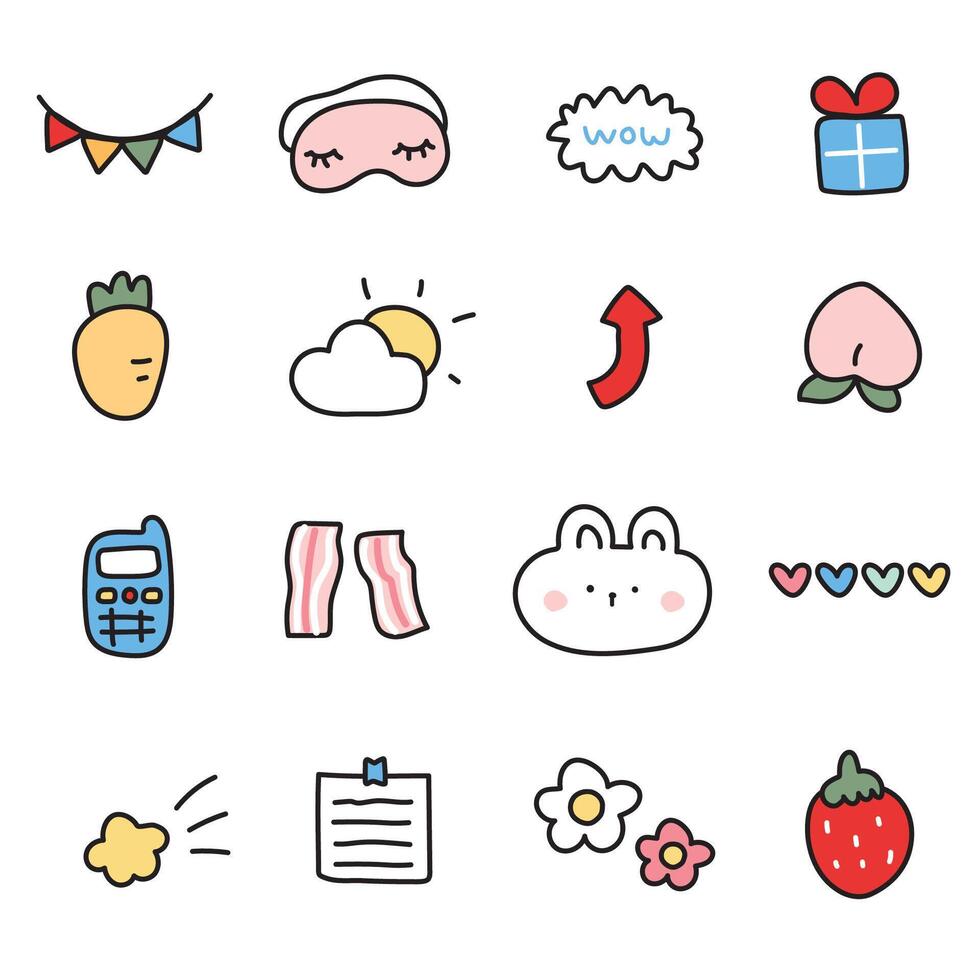 Set of cute icon various.Cartoon hand drawn.Rabbit.Bunny.Animal,nature,fruit.Kawaii.Illustration. vector