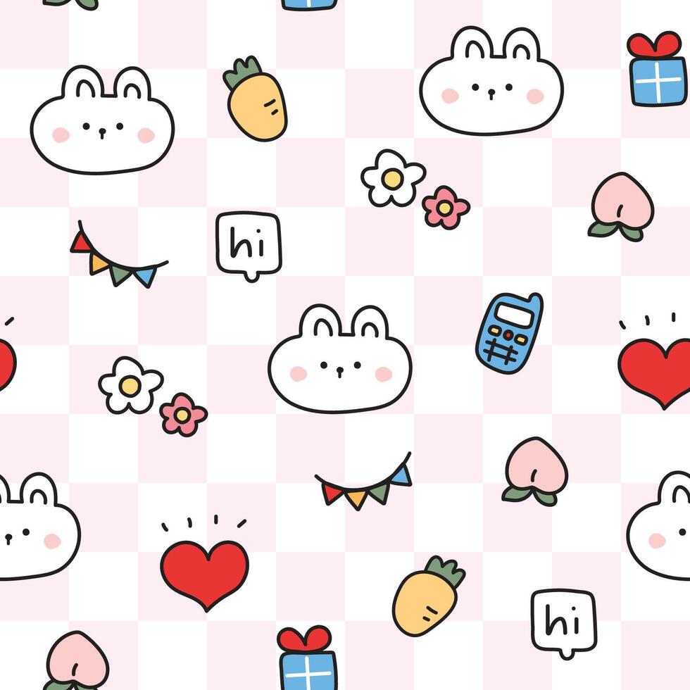 Seamless pattern of cute bunny rabbit face with tiny icon pink background.Carrot,flower,peach,heart,gift hand drawn.Animal character cartoon.Kawaii.Illustration. vector