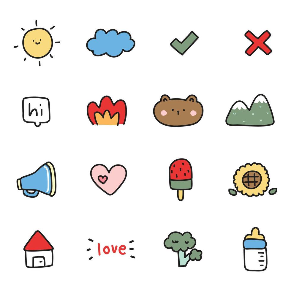 Set of cute icon various.Cartoon hand drawn.Teddy bear.Sun.Cloud.Animal,nature,food.Kawaii.Illustration. vector