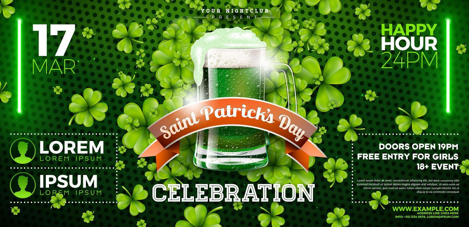 Saint Patrick's Day Party Banner Illustration with Falling Clover Leaves and Green Beer on Shiny Background. Irish Traditional St. Patricks Day Lucky Celebration Design for Flyer, Greeting Card vector