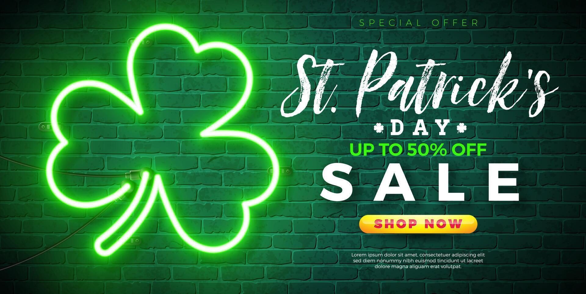 Saint Patrick's Day Sale Banner Illustration with Glowing Clover Leaves Shape Neon Lights on Brick Wall Background. Irish Traditional St. Patricks Day Lucky Celebration Design for Coupon vector