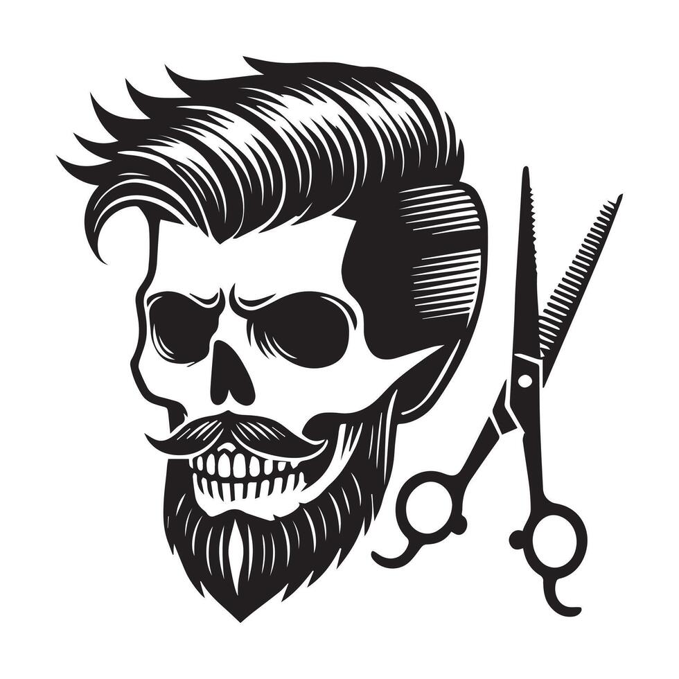 Skull with Styled Hair and Barber Tools - Edgy Grooming Design vector