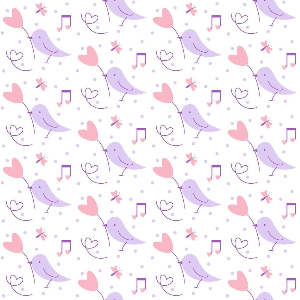 Flat cute romantic Valentines day, love season or pastel children seamless pattern with bird and flower,music notes, butterfly or dragonfly. vector