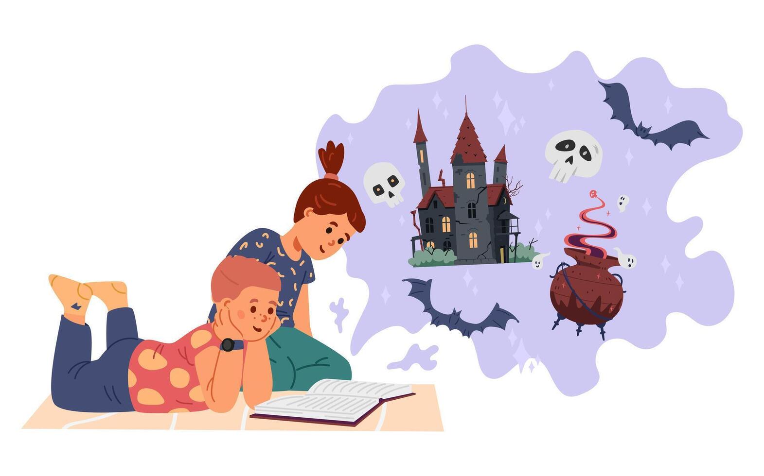 Children boy and a girl sitting on the floor reading fantasy book together flat illustration isolated on white. vector