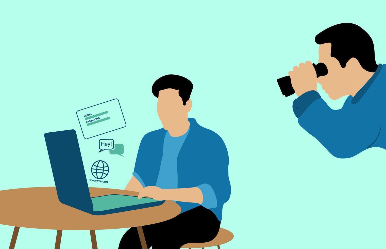 An illustration of online surveillance and cybersecurity. A man uses a laptop with visible login details, while another spies with binoculars, symbolizing hacking, data breaches, and privacy risks vector