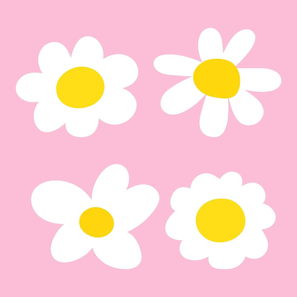 Collection of daisies. Flat design. Hand drawn icons. Illustrations on pink background. vector