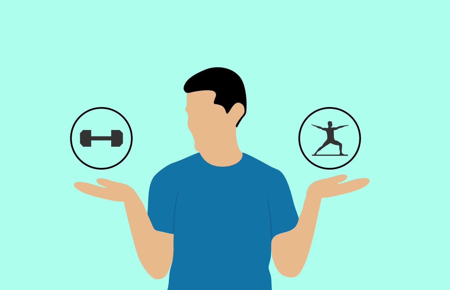 this illustration features a person balancing two choices represented by icons a dumbbell on the left for weightlifting and a yoga pose, fitness decisions, healthy living vector