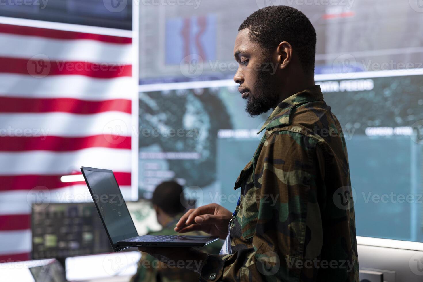 Military personnel in a control center operating advanced technology to ensure cybersecurity, managing surveillance systems and protecting classified data from cctv satellite. photo