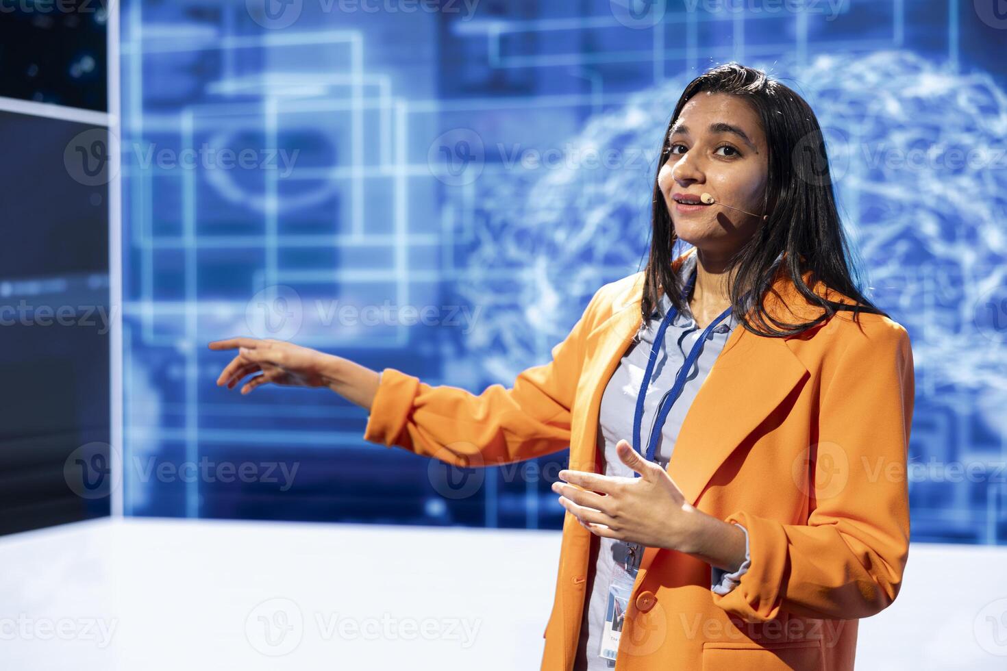 Speaker talking with world leading technology specialists and innovators meeting at event to do deep dive into artificial intelligence technology. Professional showcasing latest innovations in AI photo