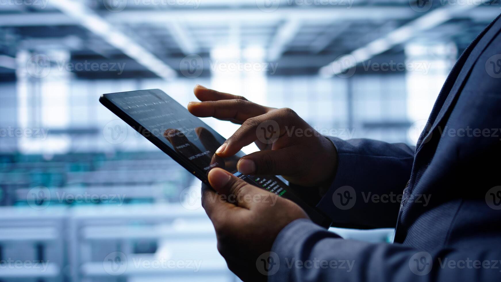 Software developer does yearly checkup using tablet to prolong data center electronics life span. Close up shot of worker in server room monitoring server infrastructure using digital device, camera B photo