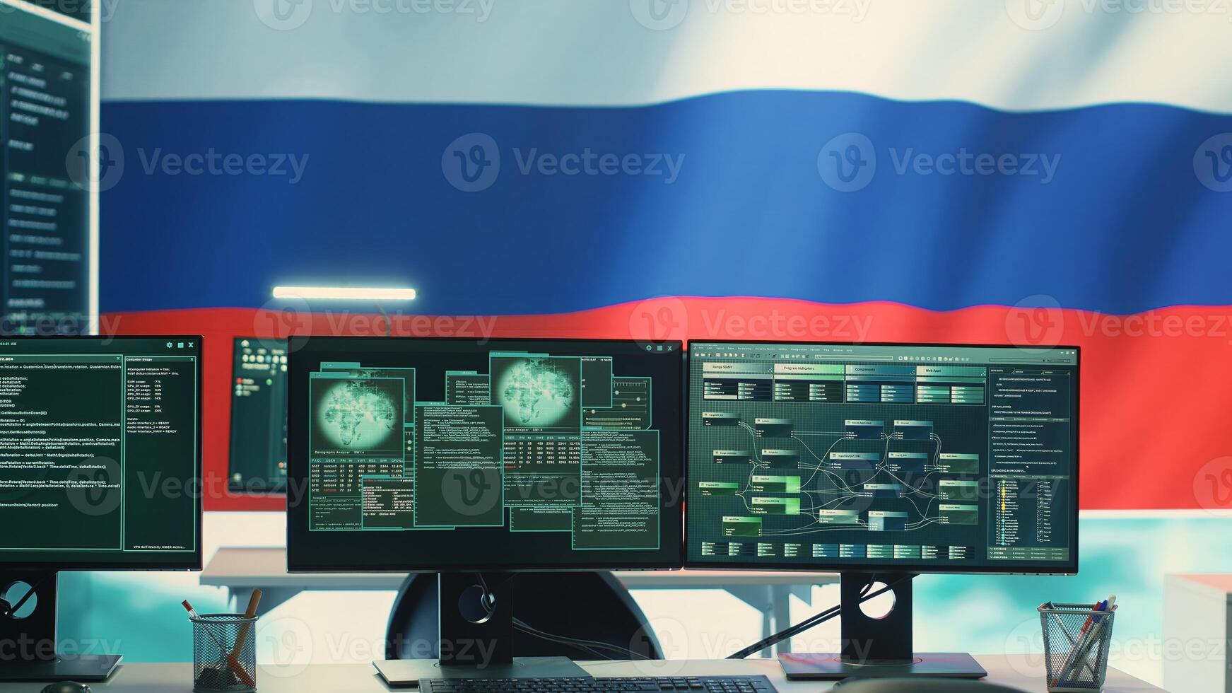 Empty autocracy cyber defense room with Russian flag running on big screen, showcasing the threat of cyberterrorism and propaganda. Activities of Russian hackers to spread fake news. Camera A. photo