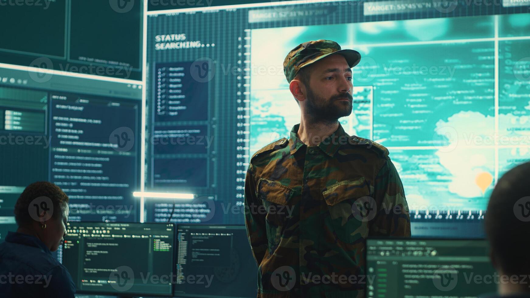 Armed forces cyber security team conducting top secret investigations, using advanced technology for secure communication and threat detection. Classified military information. Camera A. photo