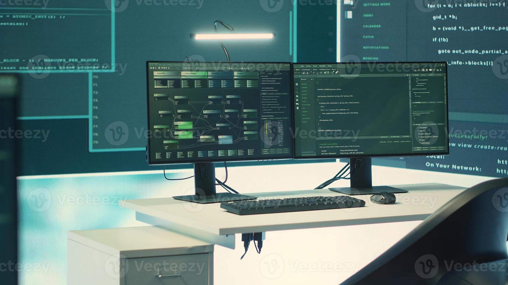 Secure surveillance room with advanced computer technology for cyber threat detection. Governmental cyber security measures in place to protect information and prevent data breaches. Camera A. photo