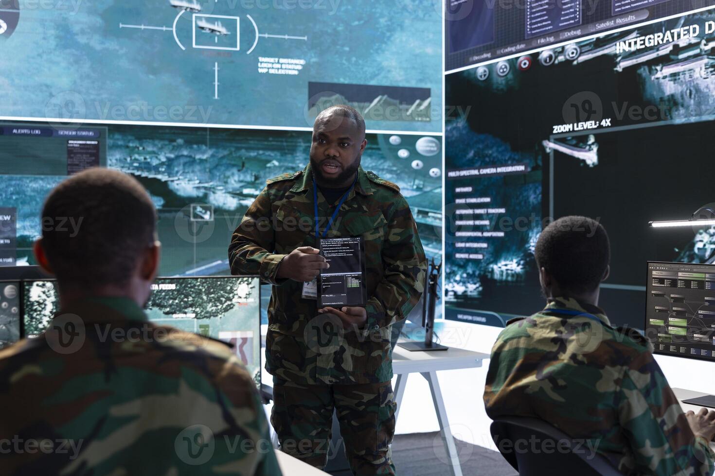 Military team operating in a high tech command post control tower, focusing on surveillance tactics for intelligence gathering. Data protection to manage critical information operations. photo