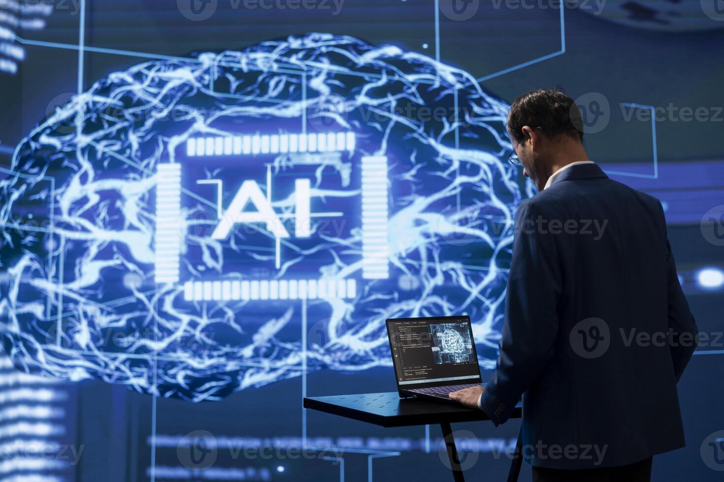 Startup employee looking over lines of code, using AI software to take data driven decisions in tech industry. IT specialist developing innovative artificial intelligence solutions for company photo