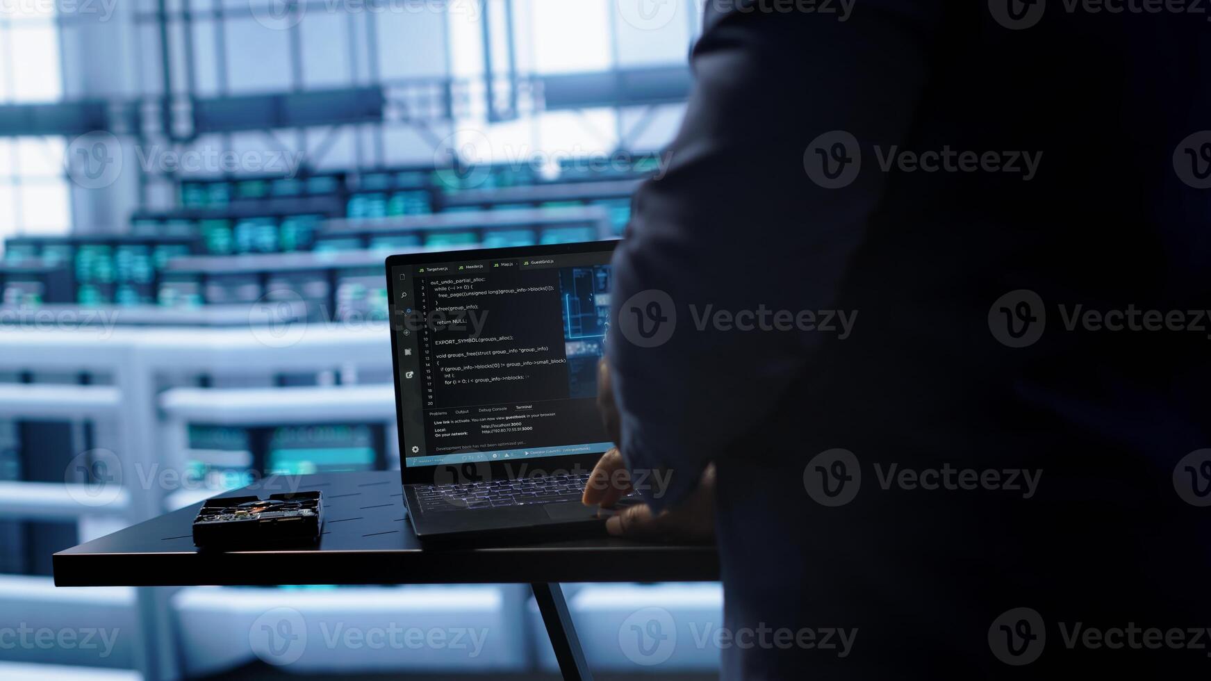 Engineer in server hub works with artificial intelligence computerized model simulating human brain. Man working on laptop with AI machine learning algorithms using pattern recognition, camera A photo