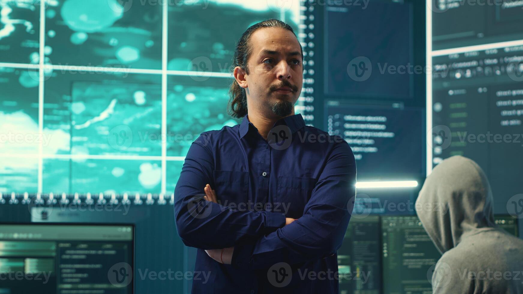 Hacking group targeting network security in governmental office, cyber attacks. Digital security specialists monitoring cyber operations and surveillance, preventing illegal activities. Camera A. photo