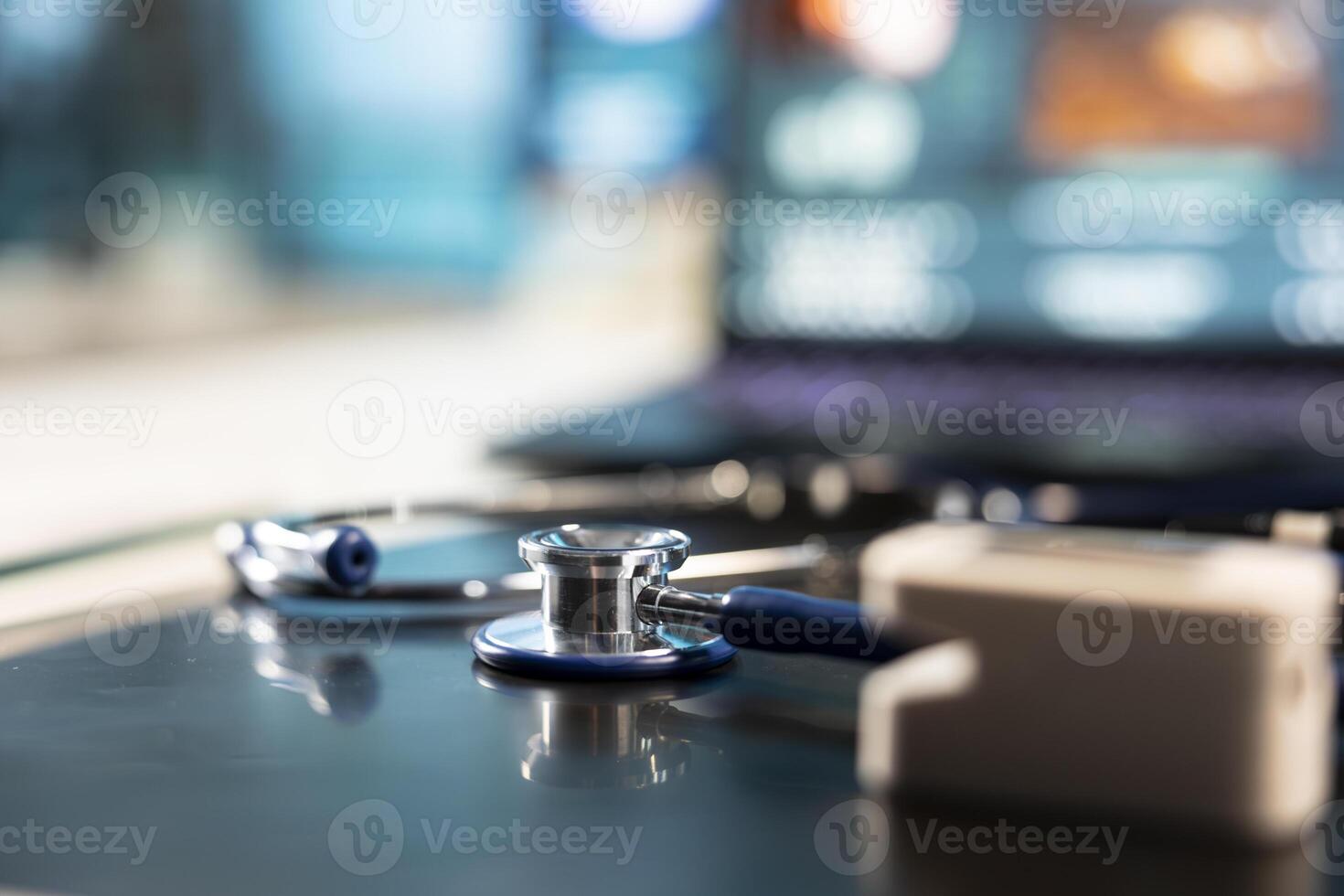 Empty doctor office equipped with routine checkup tools and devices, modern electronic consultations at the private clinic. Healthcare industry improved for care management. Close up. photo