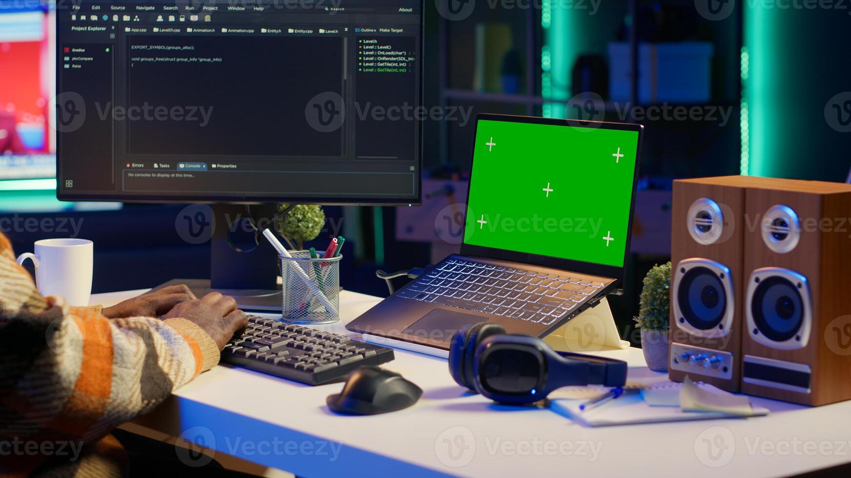 System administrator handling software optimization next to mockup copy space on terminal window, working with IT language to insert html code. Self employed coder managing security. Camera A. photo