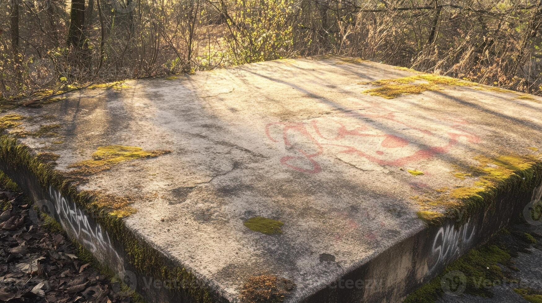 Moss-covered concrete slab in sunlit forest with graffiti marks photo