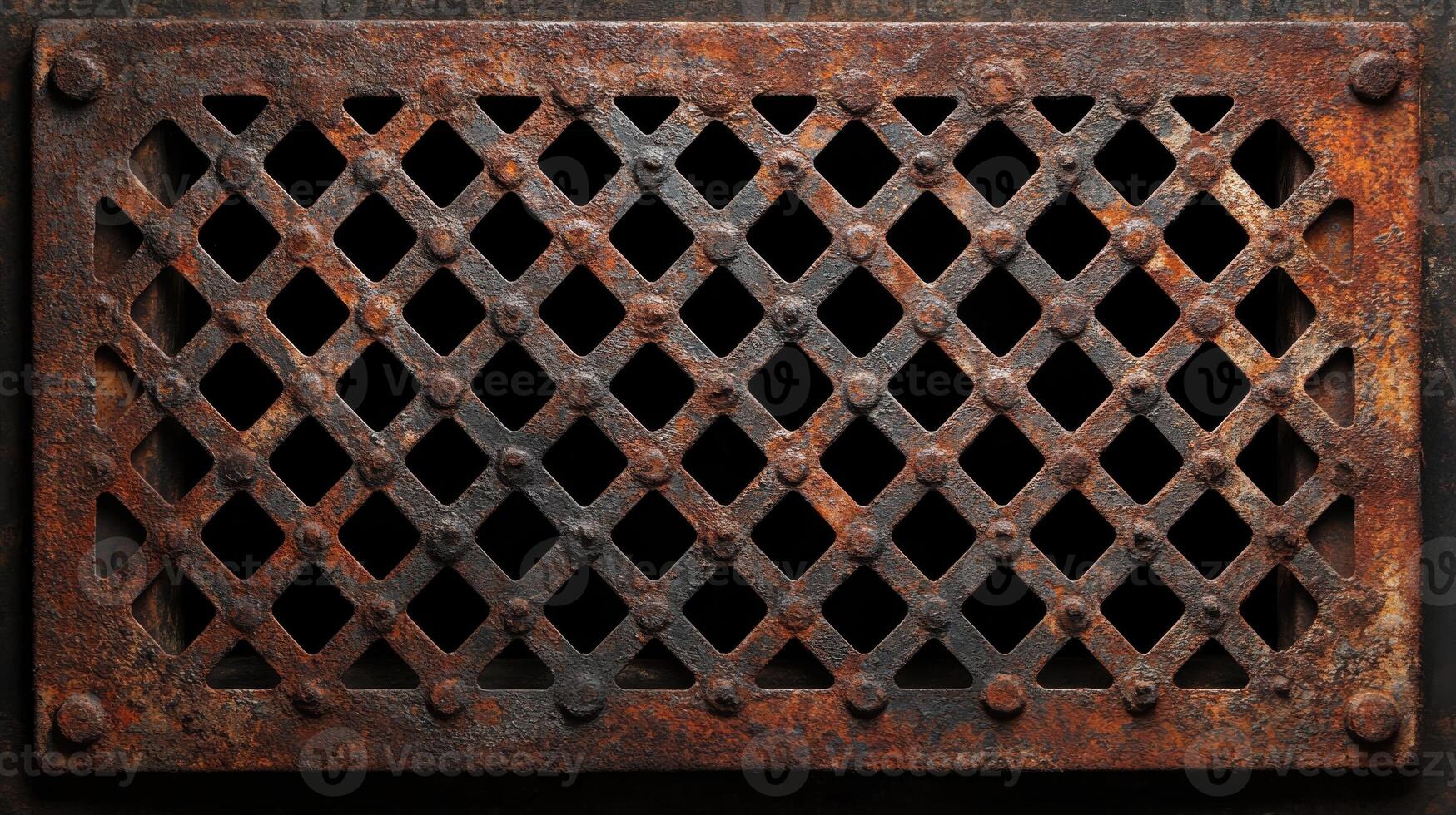 Rustic metal grate with chequered design and weathered patina texture photo