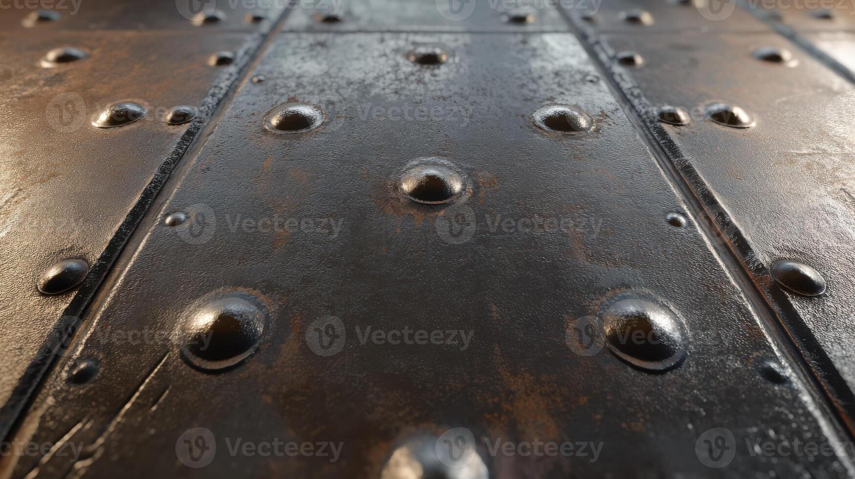 Close-up of weathered metal surface with rivets and rust texture for industrial theme photo