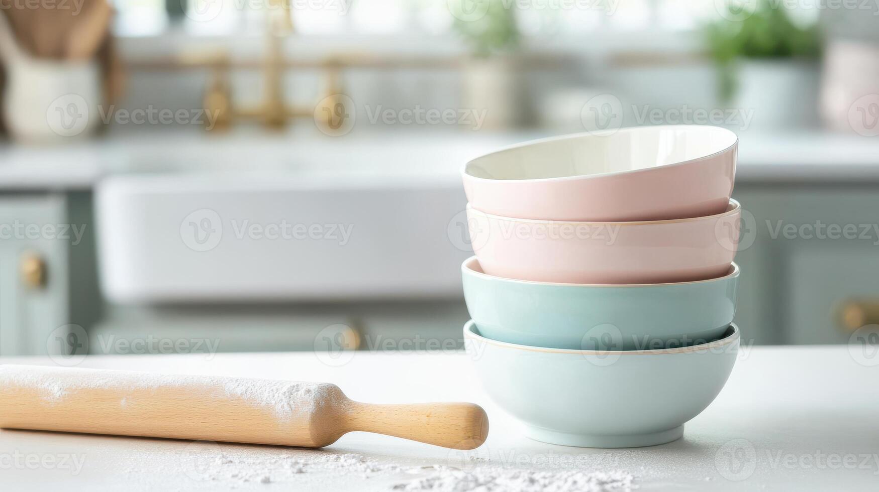 Stack of pastel ceramic bowls with wooden rolling pin in bright kitchen setting photo