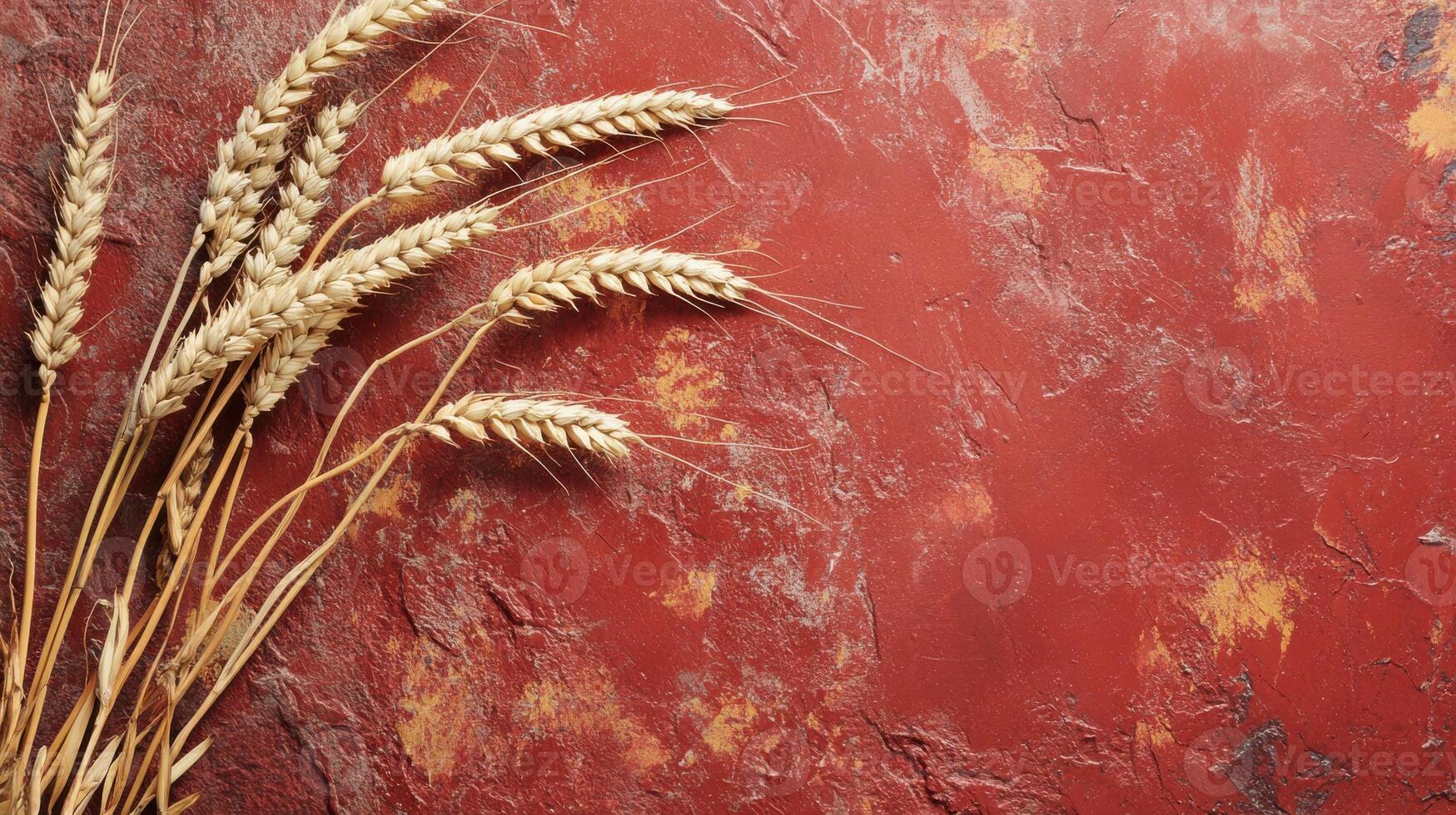 Golden wheat ears on rustic red background with textured surface photo