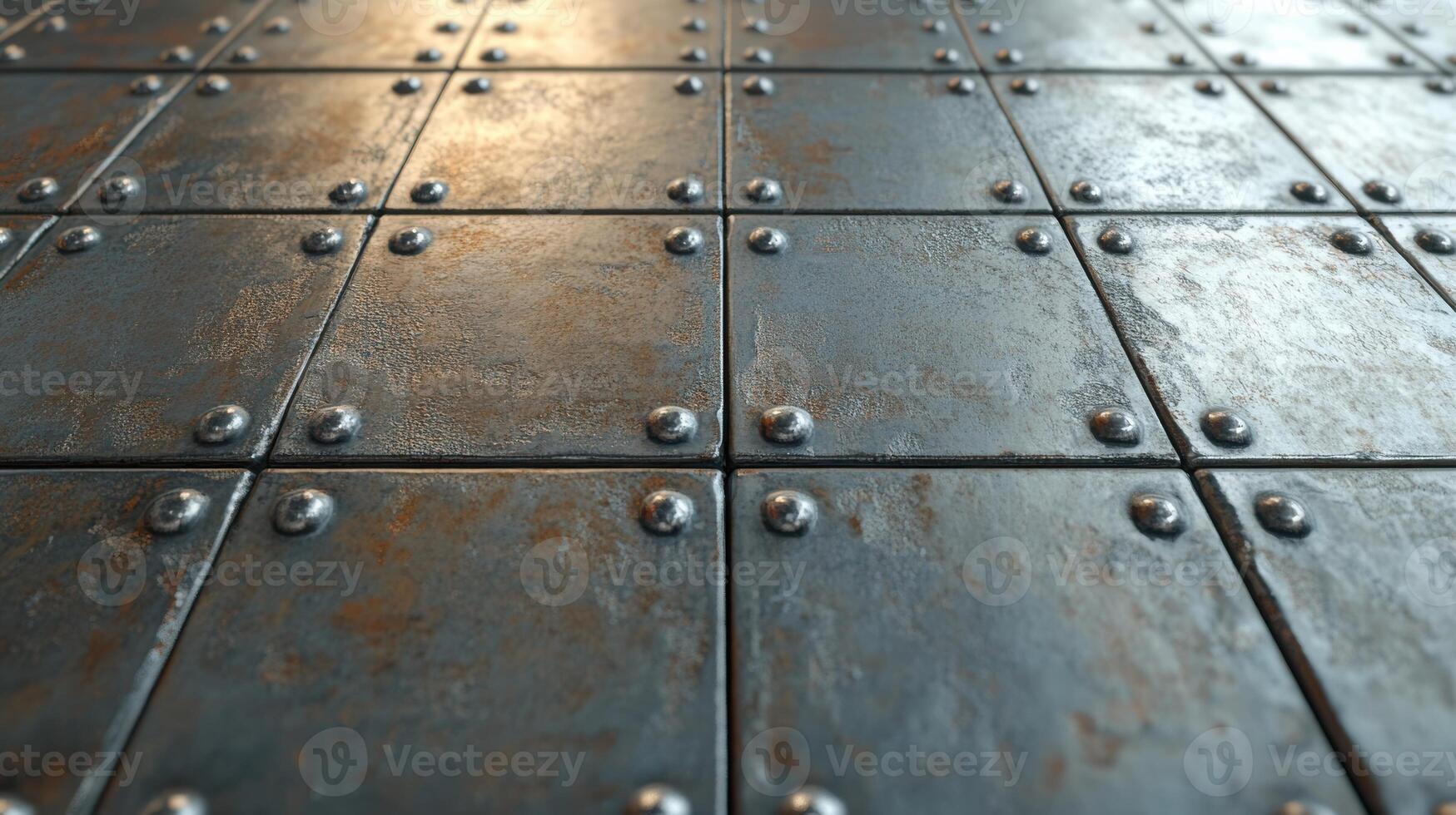 Weathered metal surface with industrial riveted iron panels close-up photo