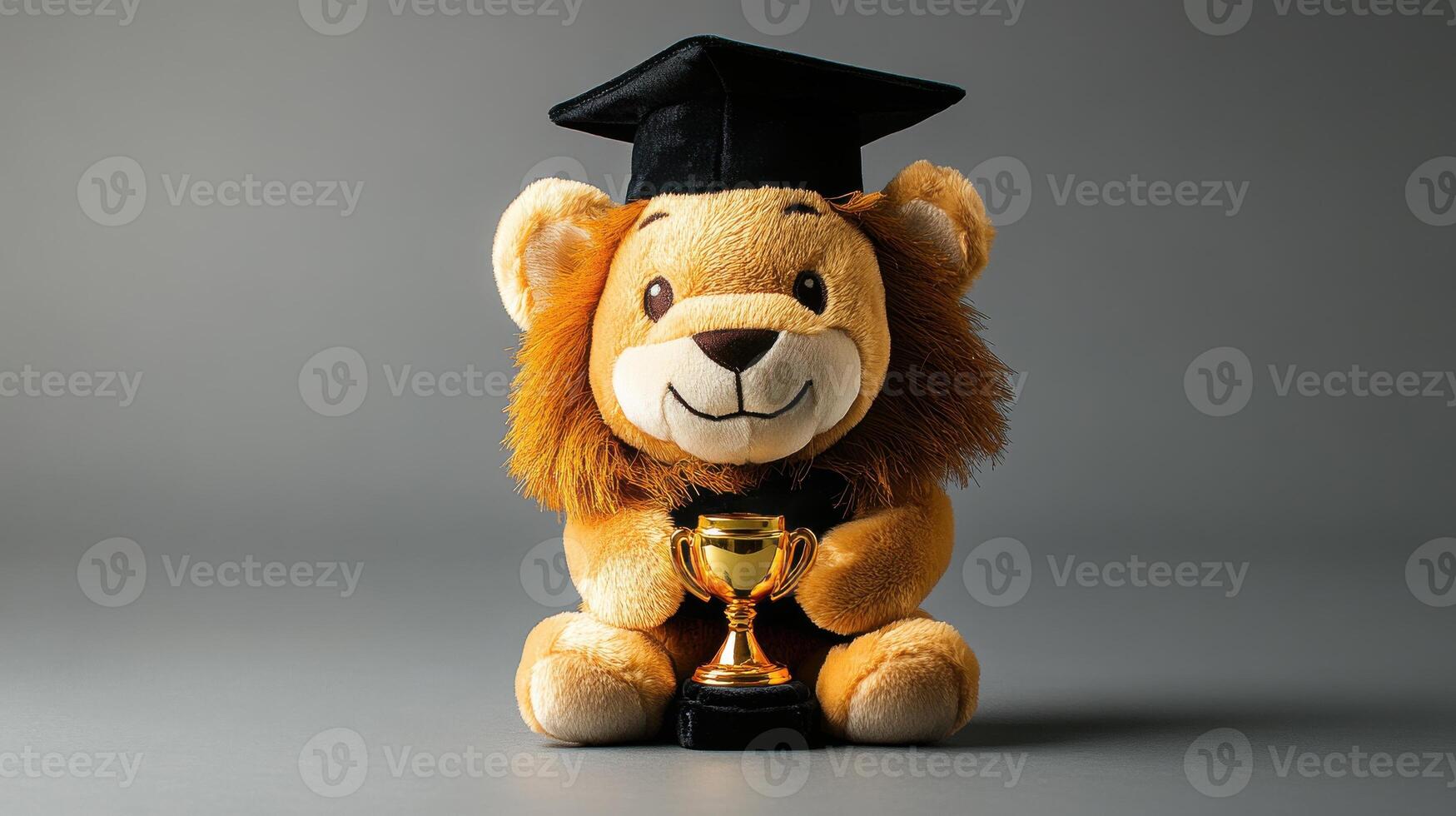 Graduation concept with lion plush toy in cap holding trophy on gray background photo