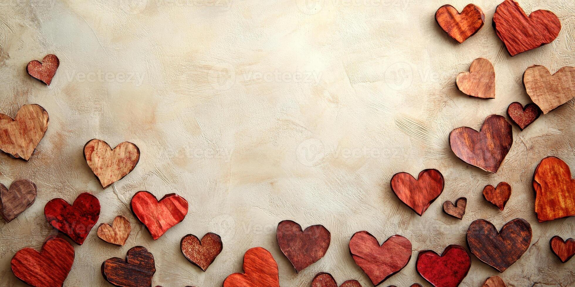 Rustic wooden hearts on textured background for valentine's day theme photo