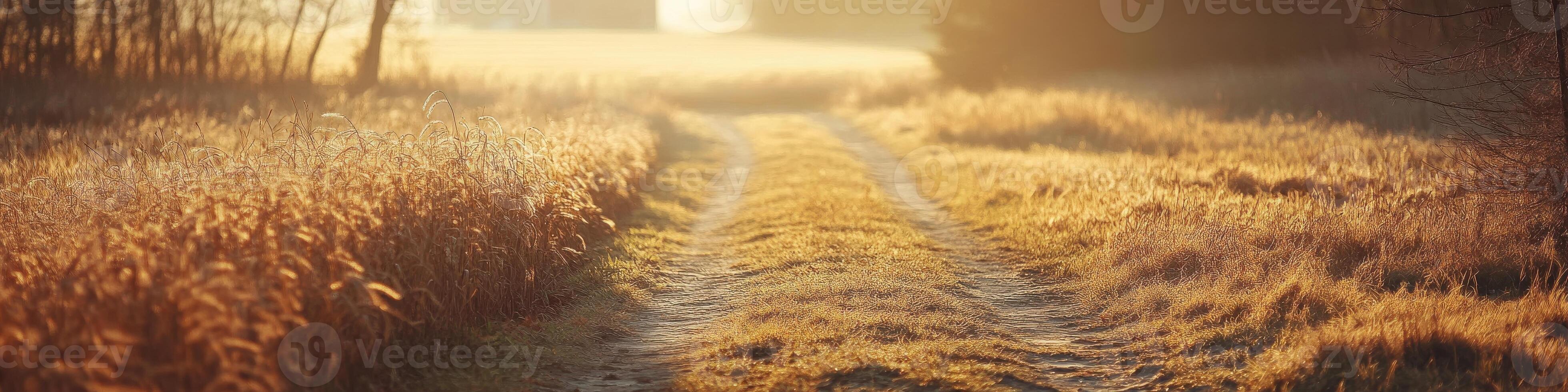 Autumn sunrise on a rural dirt path through a golden wheat field photo