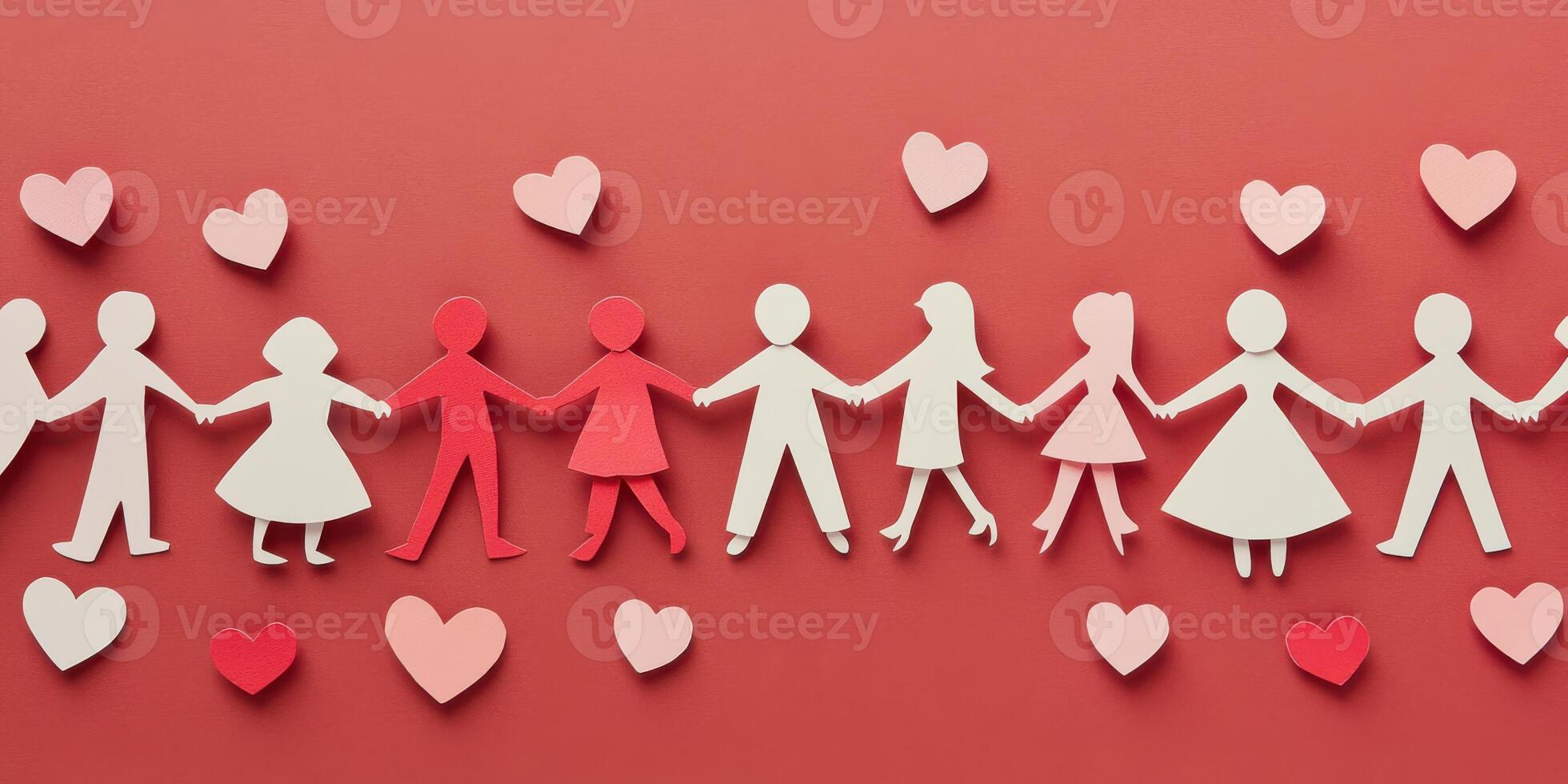 Paper cut-out people holding hands surrounded by hearts on red background demonstrating unity photo