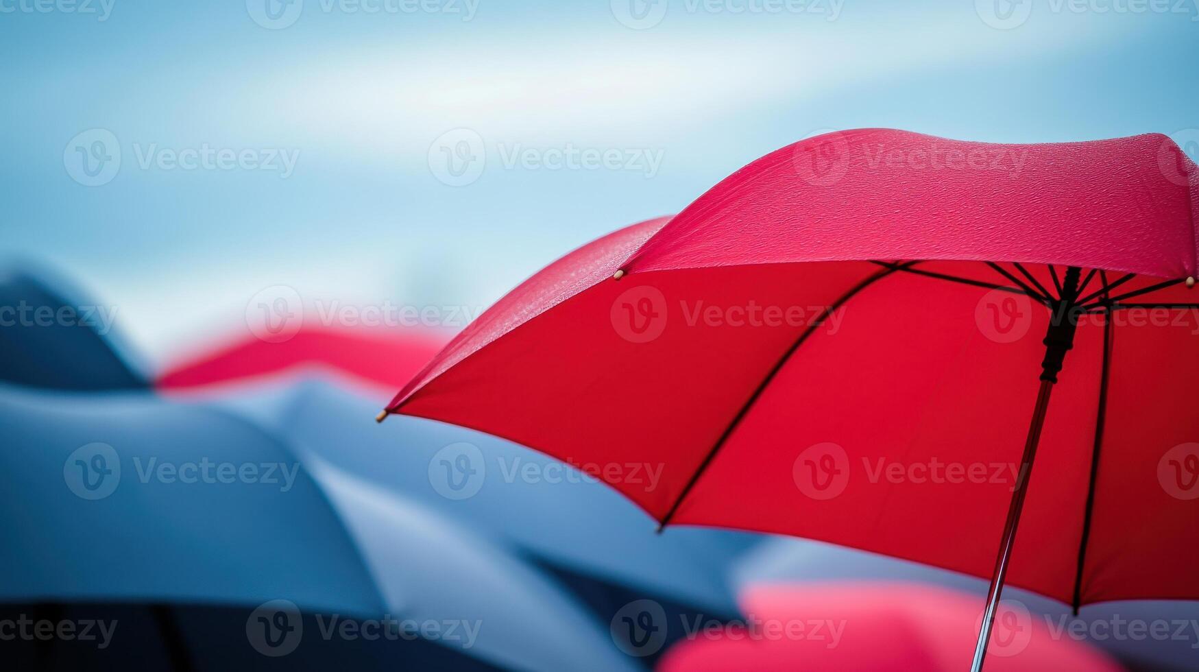 Close-up of a red umbrella among blue ones depicting concept of individuality photo