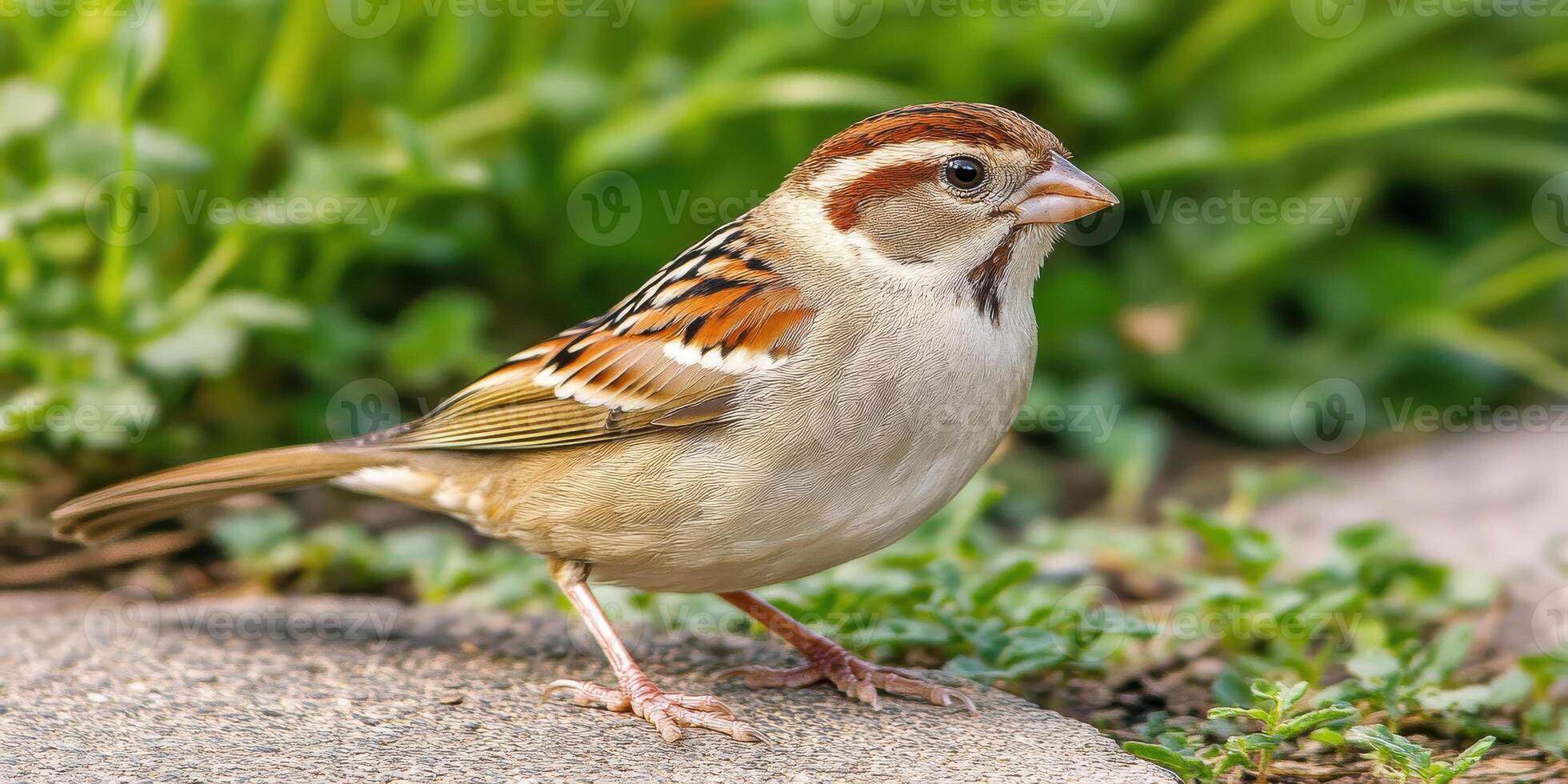 Close-up of a sparrow standing on the ground in natural habitat photo
